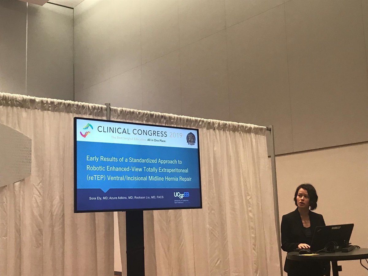 UCSF_EastBay's tweet photo. Great job @UCSF_EastBay resident Dr. Sora Ely presenting novel robotic enhanced-view TEP for ventral/incisional midline hernia! #ASCC19 @KPDOR @KHNews https://t.co/fezKY0CYXa