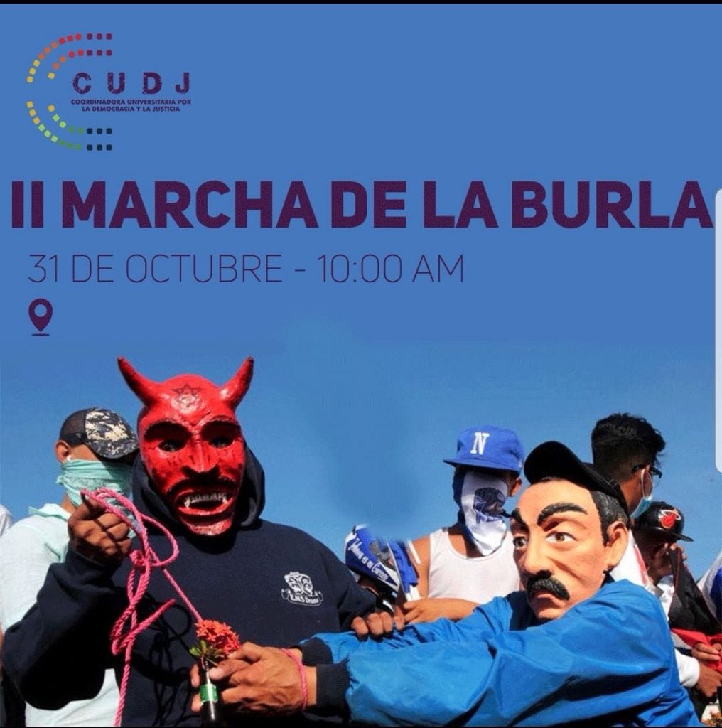 EsteliCoalicion's tweet photo. La Coordinadora Universitaria por la Democracia y la Justicia convoca a una marcha de sátira hacia el régimen Ortega Murillo para el día 31 de octubre a las 10 am en la ciudad de Managua. ¡Fuímonos! @CudjNicaragua 

¡PUEBLO ÚNETE! 

#SOSNICARAGUA https://t.co/uaYqiP1yqO