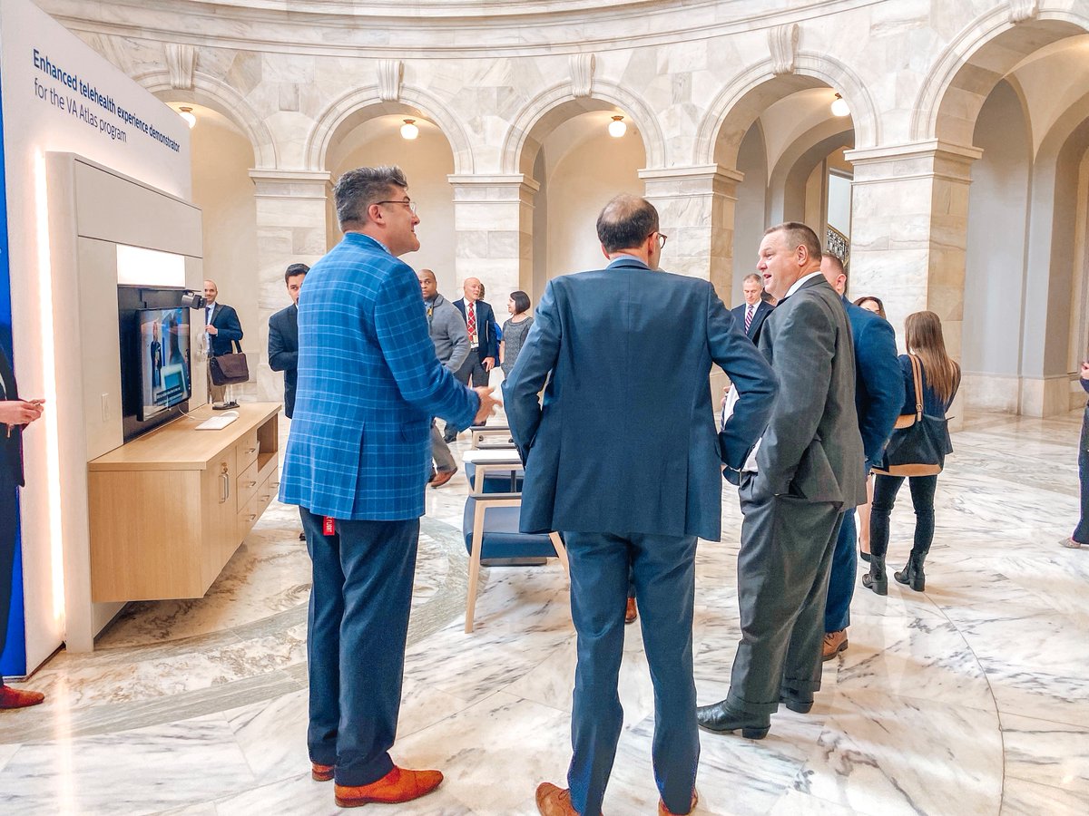 VeteransHealth's tweet photo. Montana's @SenatorTester stopped by the #ATLAS demo on Capitol Hill and discussed how his #Veteran constituents will benefit from #telehealth innovations. https://t.co/3JfsblieGP