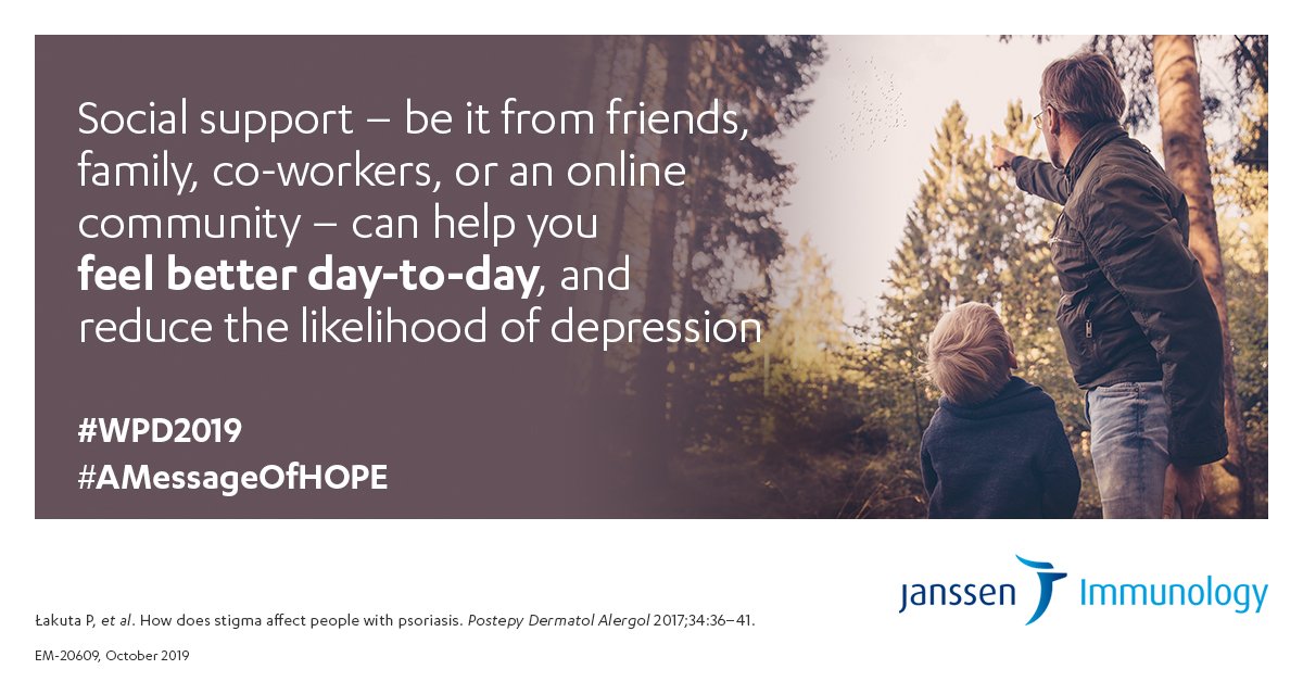 When living with a chronic health condition, it is important to look after your mental health. Studies have shown that individuals with #psoriasis who get social support are less likely to experience depression #WPD2019 #AMessageOfHOPE #mentalhealth