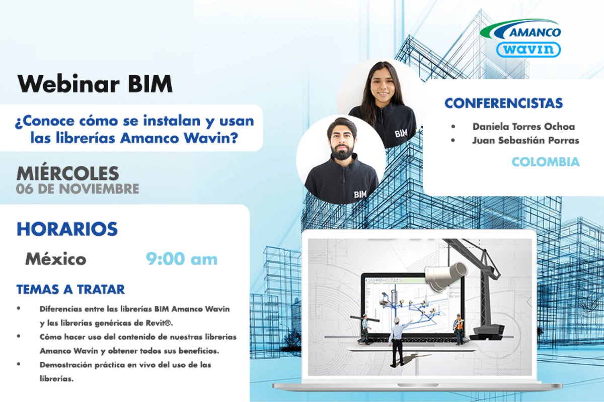 Acompáñanos este miércoles 6 de noviembre a partir de las 9:00 a.m. hora de México en el Webinar transmitido vía Zoom sobre ¿Cómo se instalan y usan las librerías BIM de Amanco Wavin? Puedes registrarte en el siguiente enlace:
zoom.us/webinar/regist…
#AmancoWavinMX