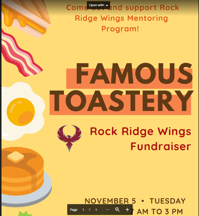 RockRidgeWINGS's tweet photo. Looking for a breakfast or lunch option on the teacher workday (11/5/19)?  Rock Ridge WINGS mentors have a solution for you!  Come out to Famous Toastery between 7:00 am and 3:00 pm to enjoy breakfast or lunch (both are offered all day long)!  @RockRidgeHigh @LCPSOfficial #lcps19 https://t.co/6jeScippYK