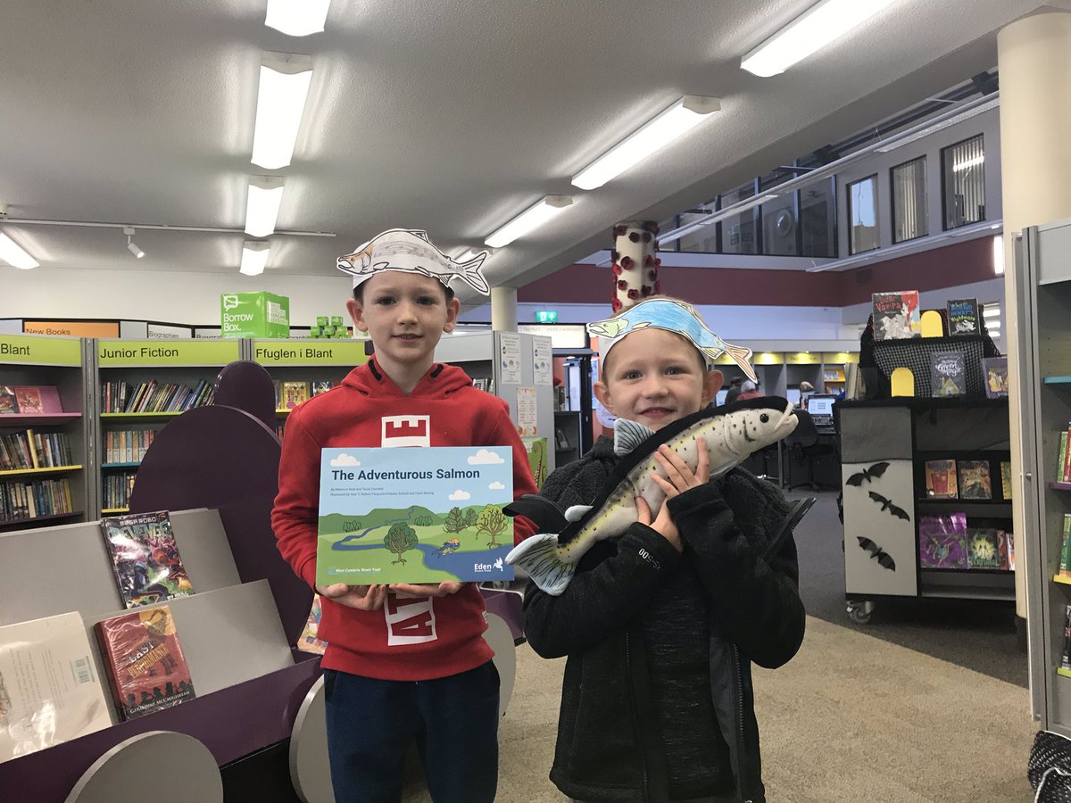 WUFoundation's tweet image. @WUFoundation the #SalmonLady had great fun @#ChepstowLibrary today.#YearoftheSalmon half term fund making friends with Sioni the salmon, making  #supersalmonhats too! The tour continues @#CrickhowellLibrary on Thursday afternoon. Thanks for #theadventuroussalmon @edenriverstrust