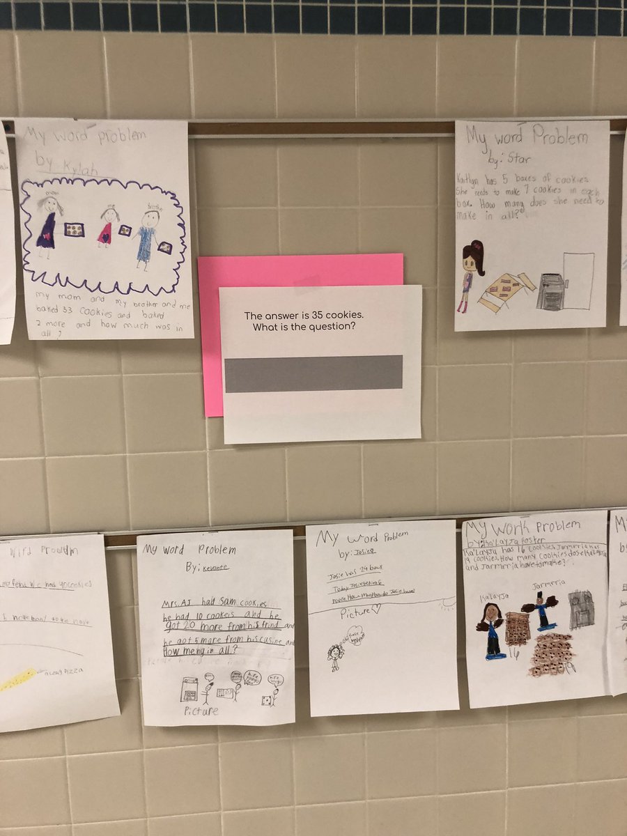 HandysKlass's tweet photo. The answer is 35 cookies. What’s the question? Creative problem solving , generating their own word problems. Look at these students taking ownership of their learning with @Seesaw #WordProblems #Seesaw #LufkinLearns @amylfain @GabeKeese https://t.co/Z0h9YX2ElG