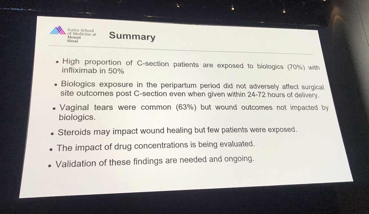DCharabaty's tweet photo. In a small study: no ⬆️ risk of c/section site infection in #WomenWithIBD who resuming biologics within 24-72hrs of delivery #IBD #ACG2019 @IcahnMountSinai https://t.co/wRO0yqhNAC