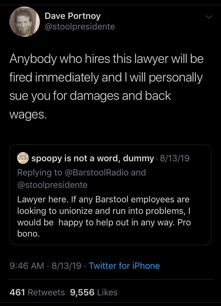 stoolpresidente, barstool sports founder, threatens to fire and sue any employees hiring the lawyer involved.