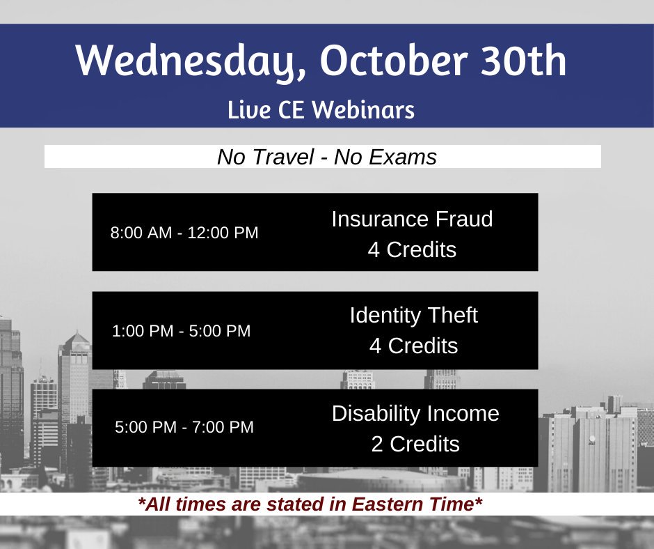 EITINS's tweet photo. #Insurance #Fraud, #IDTheft and #Disability Income are on our live #webinar schedule for #Wednesday. Join us from your home or office via PC, tablet or smartphone - #NoExams! Register now at: https://t.co/SIwYt6s3m7
.
#EasyCE https://t.co/cjcLQ2QUwg
