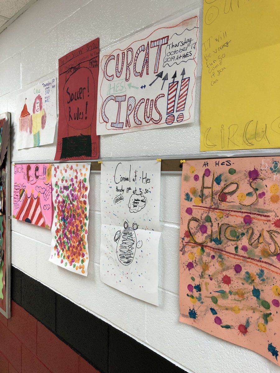 Appstoryteller's tweet photo. 5th grade made custom posters for our celebration a couple weeks back! They turned out very cool. @hescubcats #Cubcatpride #homemadecircusposters https://t.co/AtEkKfed5a