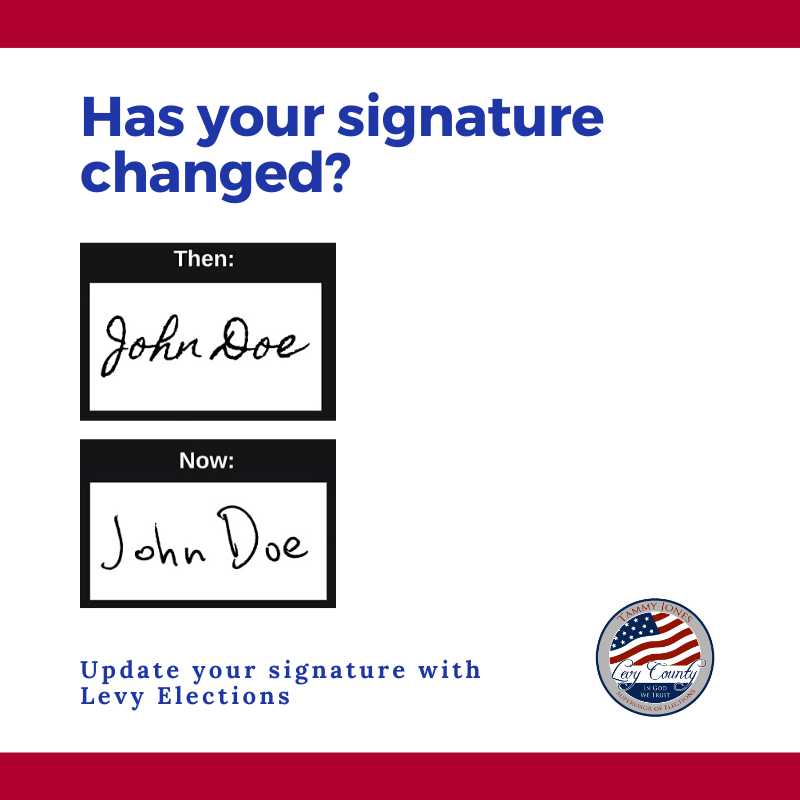 VoteLevy's tweet photo. Have you updated your signature with our office?
To update your signature, contact 352-486-5163 to request a Florida Voter Registration Application.
#VoteLevy #2020Elections #ElectionTips https://t.co/oaOI2YT7Ek