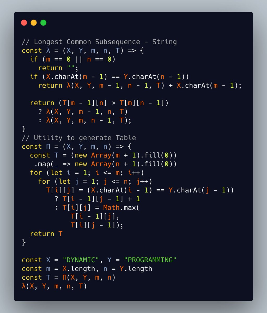 DynamicProgram2's tweet image. String of Longest Common Subsequence #longestcommonsubsequence #dynamicprogramming #javascript #technicalinterviews #tabular