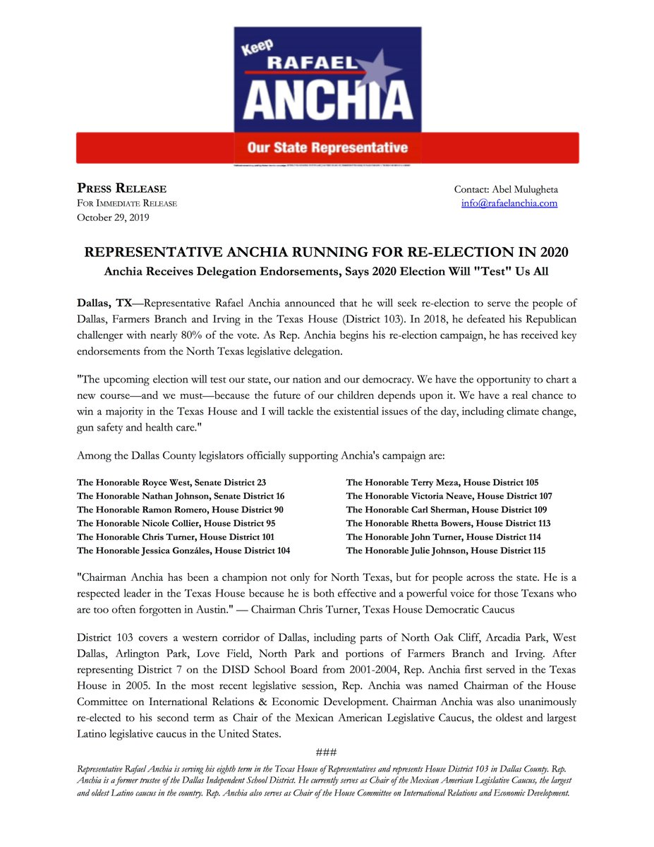 Anchia Receives Delegation Endorsements, Says 2020 Election Will "Test" Us All