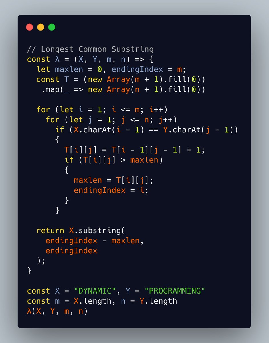 DynamicProgram2's tweet image. String of Longest Common Substring #longestcommonsubstring #dynamicprogramming #javascript #technicalinterviews