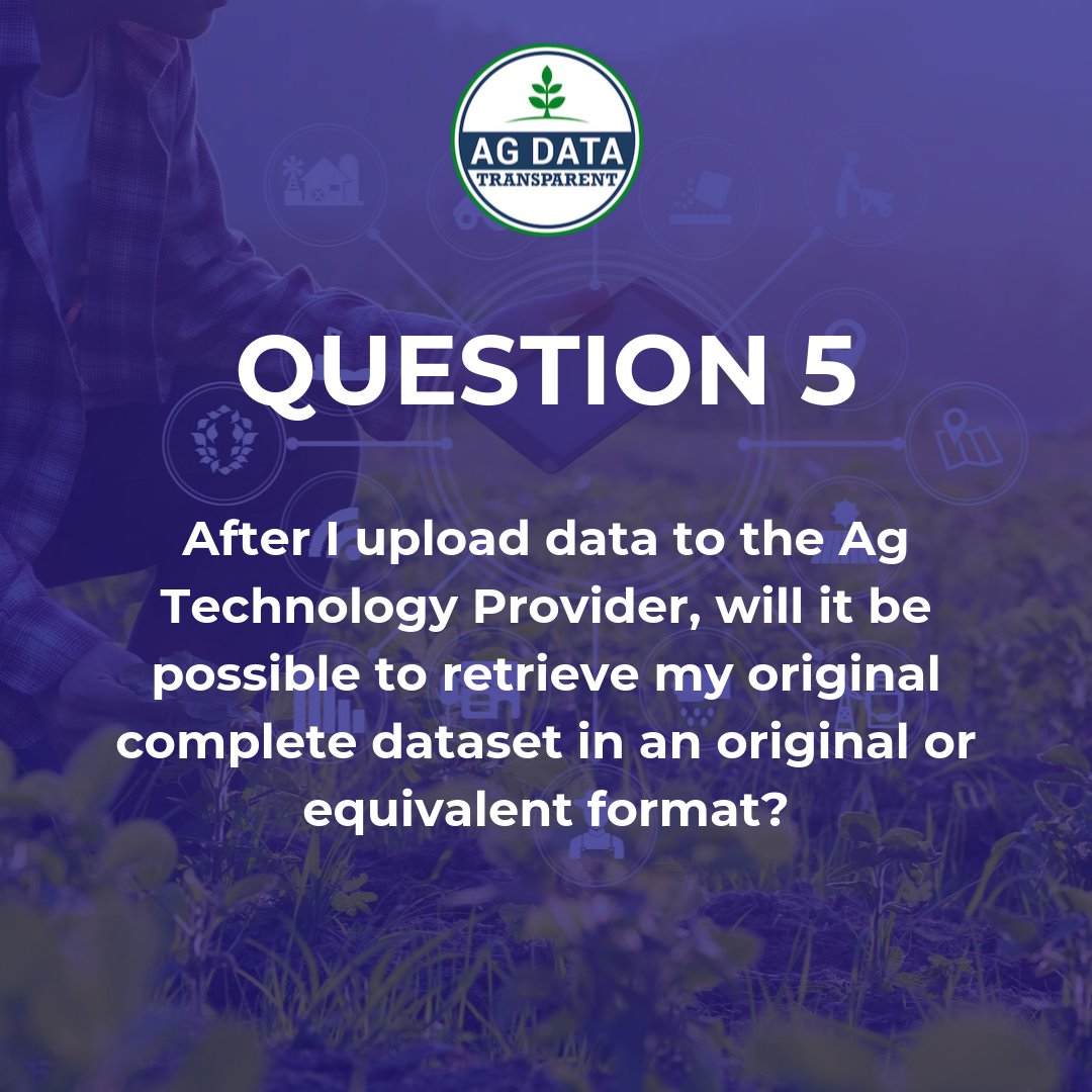 AgDataTE's tweet photo. Can I walk away with the data that I uploaded? If a farmer/rancher wants their data back there shouldn't be an issue of ownership or availability. Where does your data company stand on this? https://t.co/wDAzdDo6IP