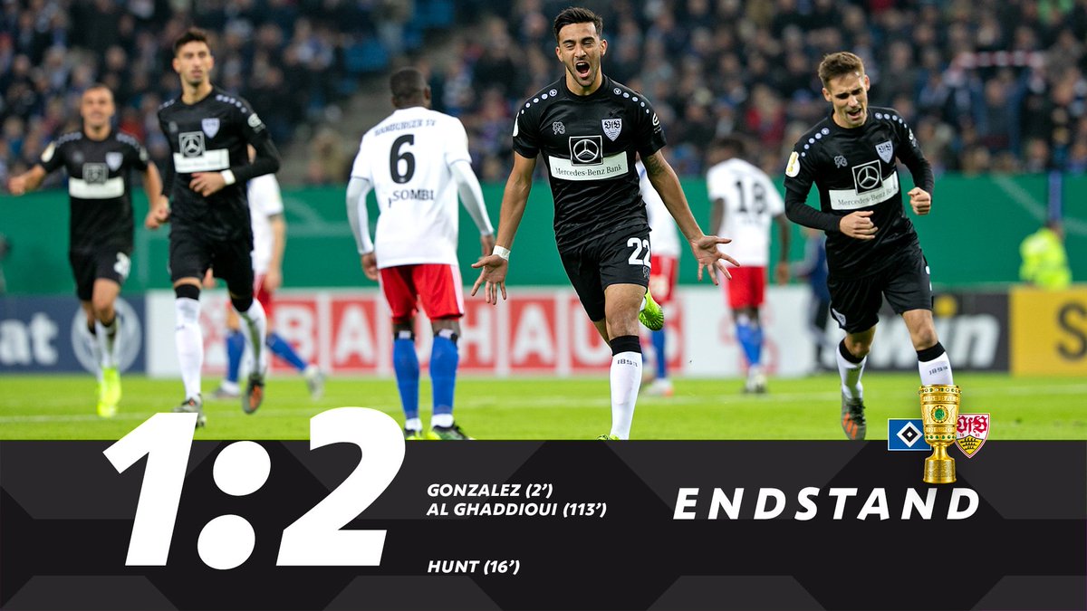 VfB's tweet photo. SPIELENDE! YES! Unser #VfB gewinnt das #DFB-Pokalspiel gegen den @HSV in der Verlängerung und zieht ins Achtelfinale ein. #HSVVfB 1:2 #dfbpokal https://t.co/cFP3aKGMSW