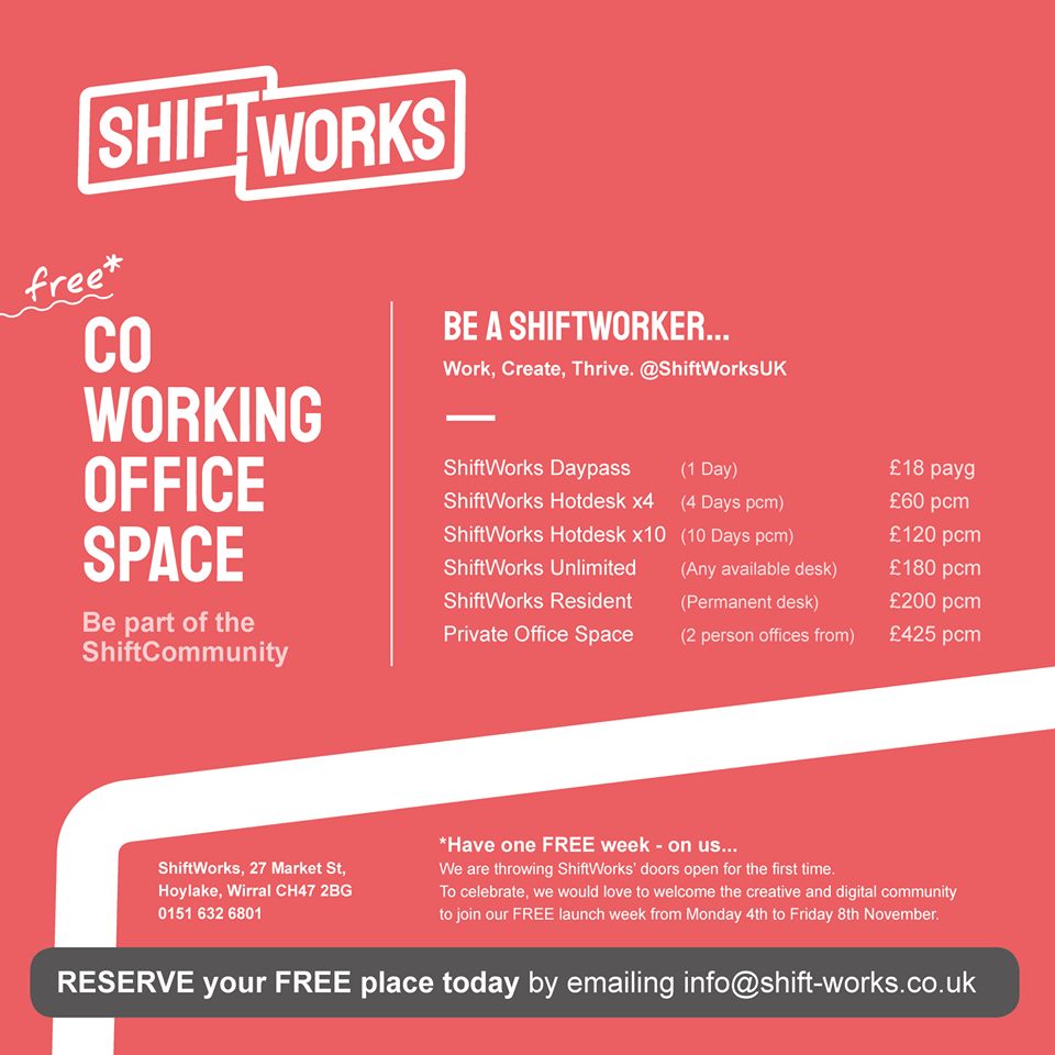 simplyhoylake's tweet photo. Shift Works
@ShiftWorksUK
 - a creative coworking space in the heart of Hoylake, Wirral. are opening its doors for the first time on Monday 4th November! Join #ShiftWorks for a completely FREE co-working trial week! 
 0151 632 6801
https://t.co/HokyYpJHYQ

#Wirral #B2BHOUR https://t.co/N52oxRDviJ