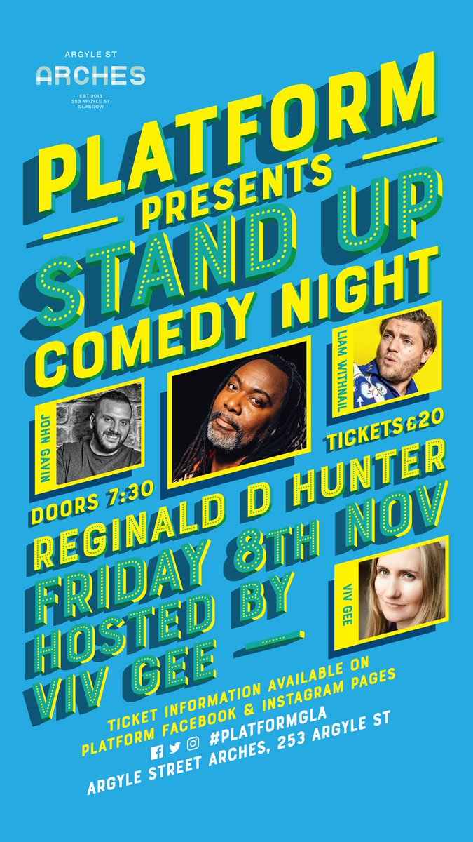 Platform (@platformgla) on Twitter photo Have you got your tickets yet?! A crackin' night of comedy with host @gee_viv, @liamwithnail, <a href="/johngavincomedy/">John Gavin</a> and headliner <a href="/reginalddhunter/">Reginald D Hunter</a>
It's going to be a belter Glasgow!
buytickets.at/argylestarches… Have you got your tickets yet?! A crackin' night of comedy with host @gee_viv, @liamwithnail, <a href="/johngavincomedy/">John Gavin</a> and headliner <a href="/reginalddhunter/">Reginald D Hunter</a>
It's going to be a belter Glasgow!
buytickets.at/argylestarches…