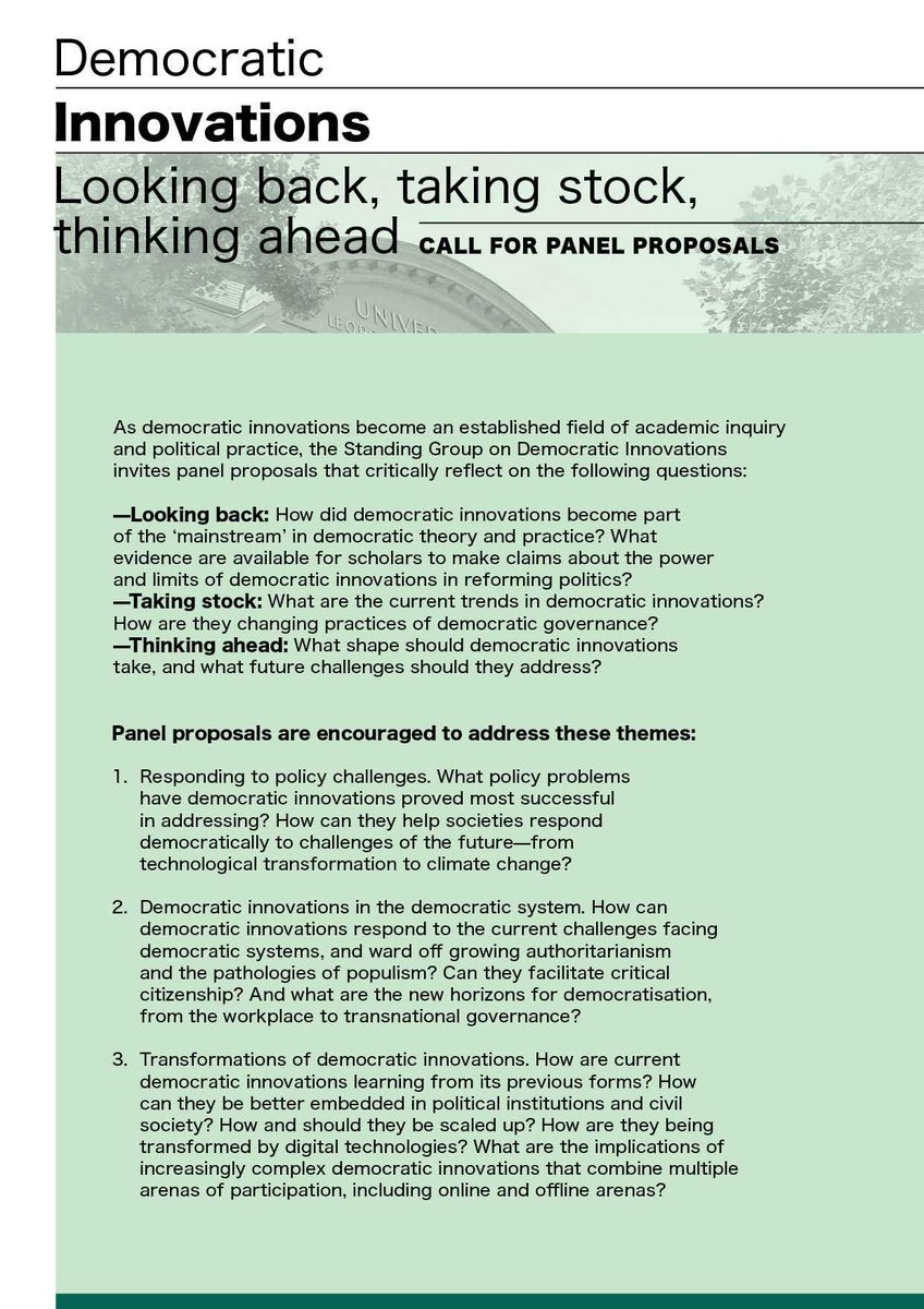 DelDemUCan's tweet image. The @ECPR Standing Group on Democratic Innovations #DemInno is now accepting PANEL PROPOSALS for the Innsbruck general conf. Shout out to section conveners @JaneSuit &amp;amp; @Rikki_Dean!