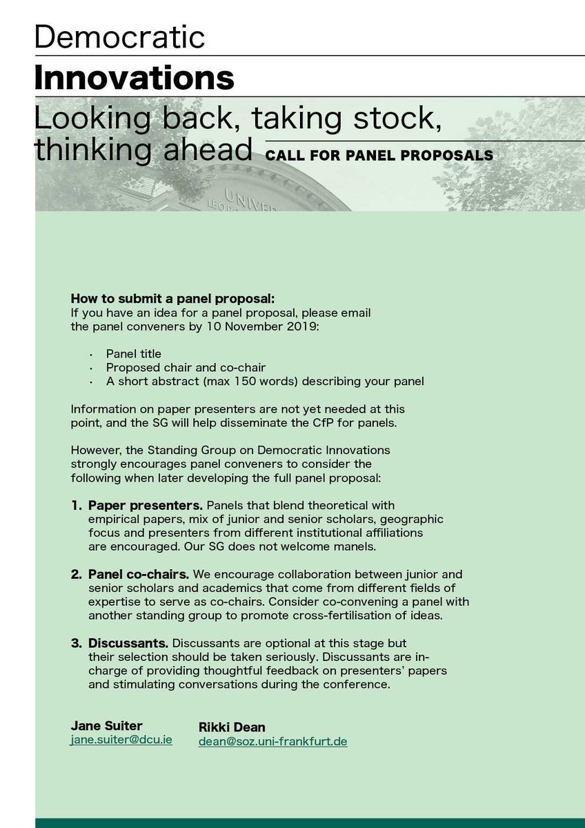 DelDemUCan's tweet image. The @ECPR Standing Group on Democratic Innovations #DemInno is now accepting PANEL PROPOSALS for the Innsbruck general conf. Shout out to section conveners @JaneSuit &amp;amp; @Rikki_Dean!