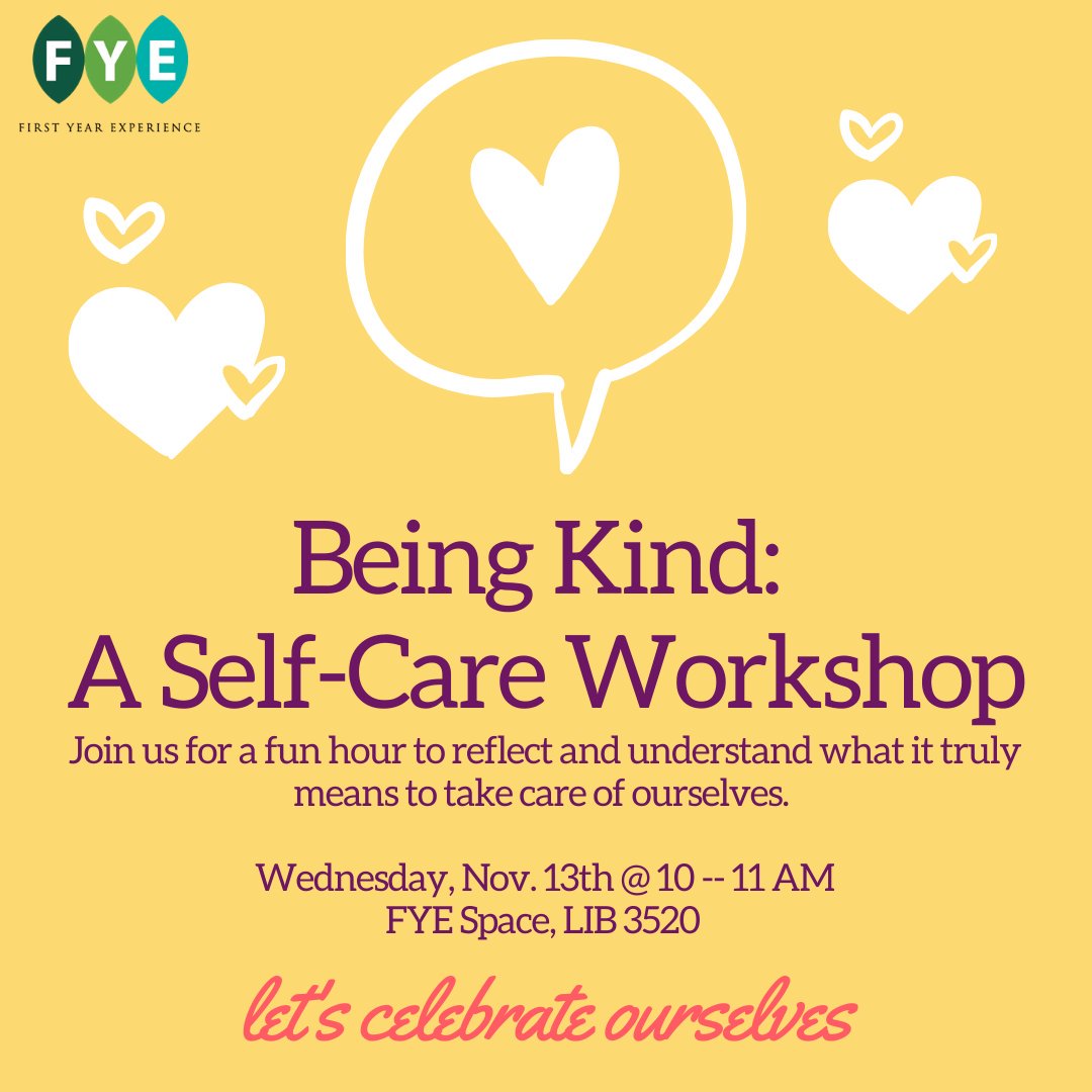 sacstateFYE's tweet photo. Looking for a way to destress during and prepare for finals? Join GSA Josef for a hour of fun and self reflection as you learn how to be kind to yourself💟! #sacstate #sacstatefye #lib3520 https://t.co/PYu2MOr1DG