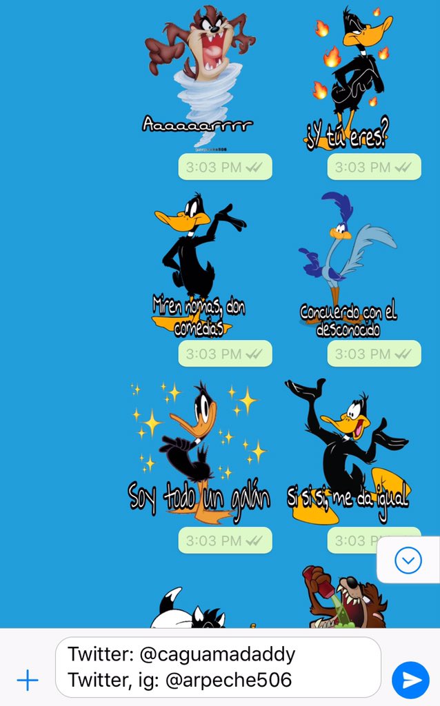arpeche506's tweet photo. Eeyyyy, hicimos un pack de stickers de los looney tunes 🤪@caguamadaddy y yo esperemos les guste denle fav y retweet y los estaremos pasando hoy en la noche😁❤️. 
Exitos 
#exitos #FelizMartes #stickerswhatsapp https://t.co/JQwJcuoHjh