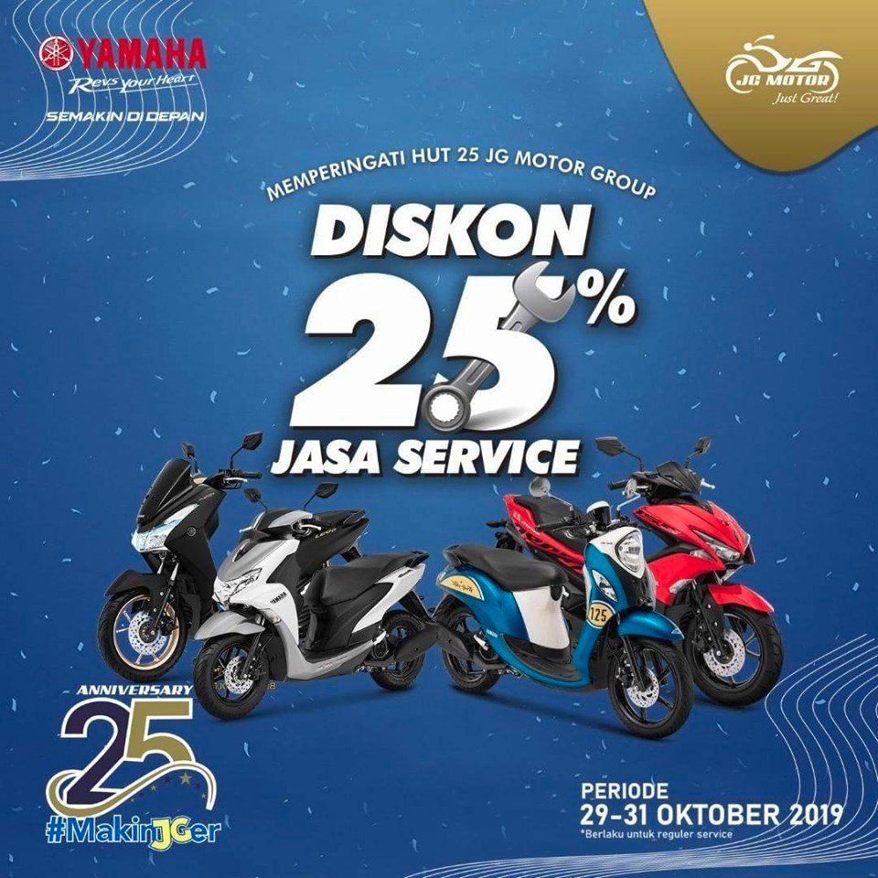 jgmotor's tweet photo. Memperingati HUT 25th JG Motor Group kali ini, service motor reguler dapat Diskon 25% nih Brosist.

Mulai dari tanggal 29 - 31 Oktober 2019 berlaku di semua cabang kami. Kami tunggu kedatanganya ya Brosist, JGMOTOR "JUST GREAT" !!! https://t.co/UkN3fyBfb2
