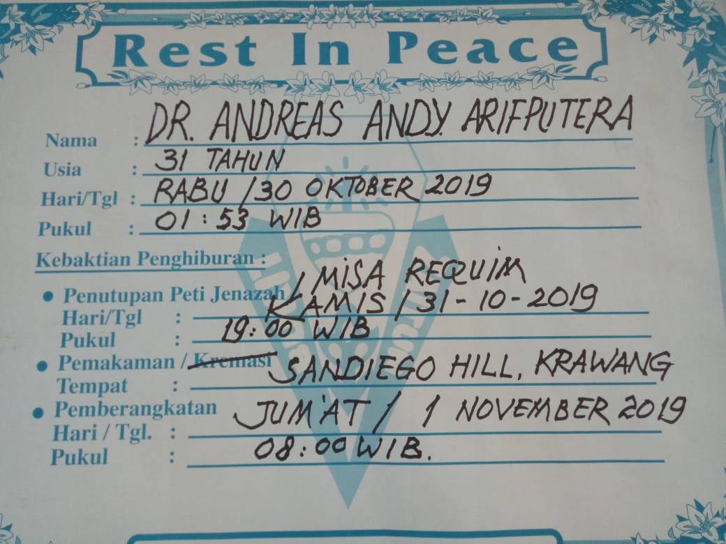 Perseviam's tweet photo. Berita Duka

Telah berpulang saudara kita dr Andy Arifputera (CC 2007) suami dari saudari kita Mariska Bambang, keduanya anggota PSVM.
Saat ini disemayamkan di Rumah Duka Cikini. https://t.co/Mrrj8i1Cy1