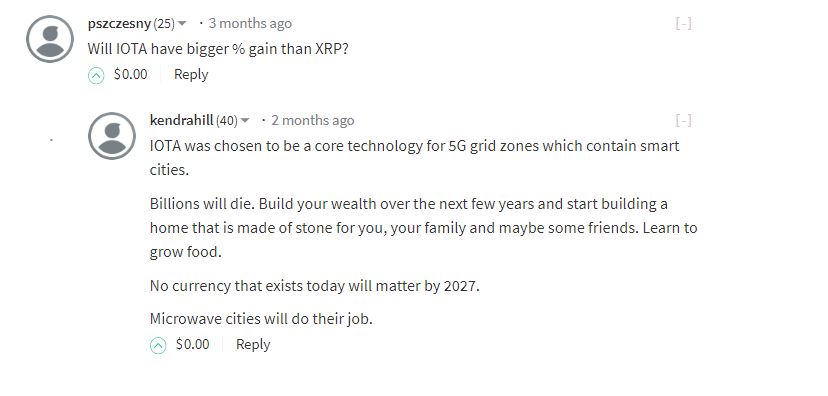 12/ Kendra’s later posts became pretty dark. In “Money 2023” she hinted that private keys would be stored inside everyone’s body ("non-optional"). In a reply on another post she claimed that 5G would kill billions of people (“microwave cities will do their job”).