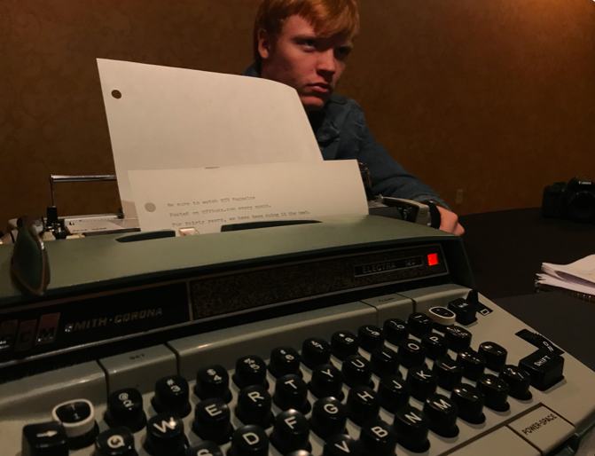 HTVBuzz's tweet photo. Set preparation for "Prove It," the short movie produced by HTV kids for the #ASB4State. It was set in 1974, so a typewriter instead of a computer, and the bulb for the interrogation room. #gettingcreative https://t.co/T1uw8afd8S
