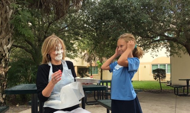 Taking a pie in the face from our top fundraiser for our ETES Read A Thon! :) @MrsGreen1997