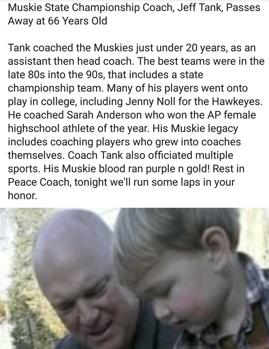 MuscatineIA's tweet photo. Coach Tank Passes Away at 66 Years Old - Tank was an assistant coach on the Muskie girls state championship team, and made multiple trips to state as a head coach #RestinPeaceCoach https://t.co/vtnhrnDig7