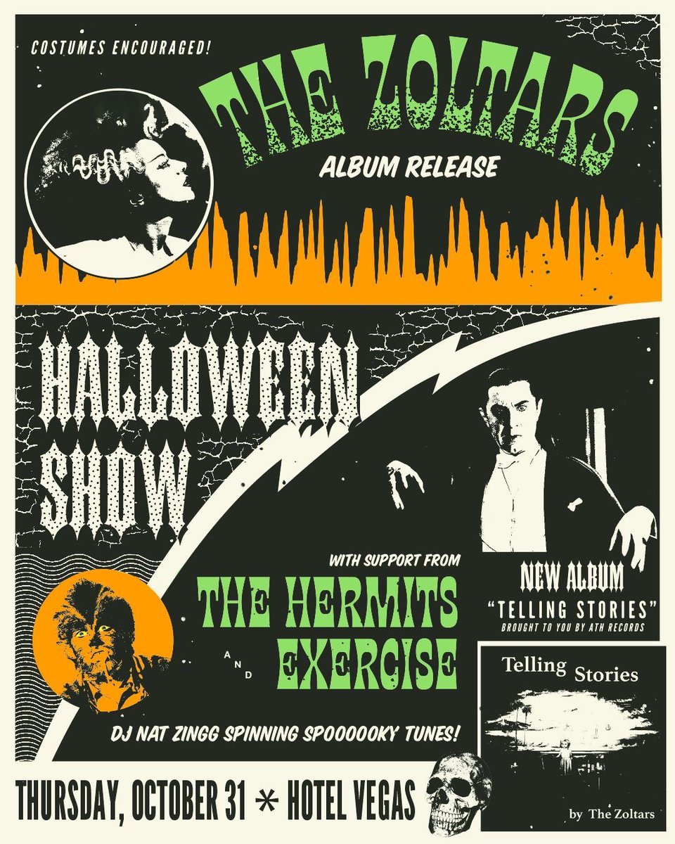 This Thursday: Come celebrate Halloween and the Zoltars’ “Telling Stories” album release featuring the Hermits and Exercise! DJ Zingg will be spinning some spooky tunes all night, and costumes encouraged! Flyer by Kayla Dockery! 
FB event: bit.ly/2kivoy5