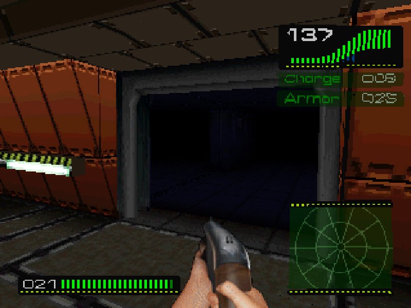 As you progress, the levels get quite complicated. Tame by todays standards but back in early 3D navigation days, they seemed HUGE.Note the black,distance based fog. Prob for performance but very creepy.There is a great contrast between well lit areas & darker corridors.