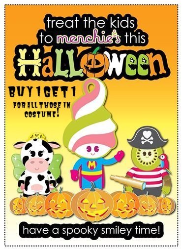 No Tricks only Treats...!!!
BUY1GET1 for all those in costumes on Halloween day.
Not Just that, click a picture of yourself in costume with cup of your mix, tag Menchie's Red Deer &amp; receive 15% off on your next purchase.
#RedDeer #Frozenyogurt #Menchies #Menchiesreddeer #BOGO