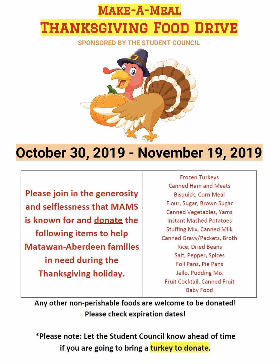 Our MAMS Thanksgiving Food Drive is now in session. All non-perishable food items can be brought to your Block 1/2 class!