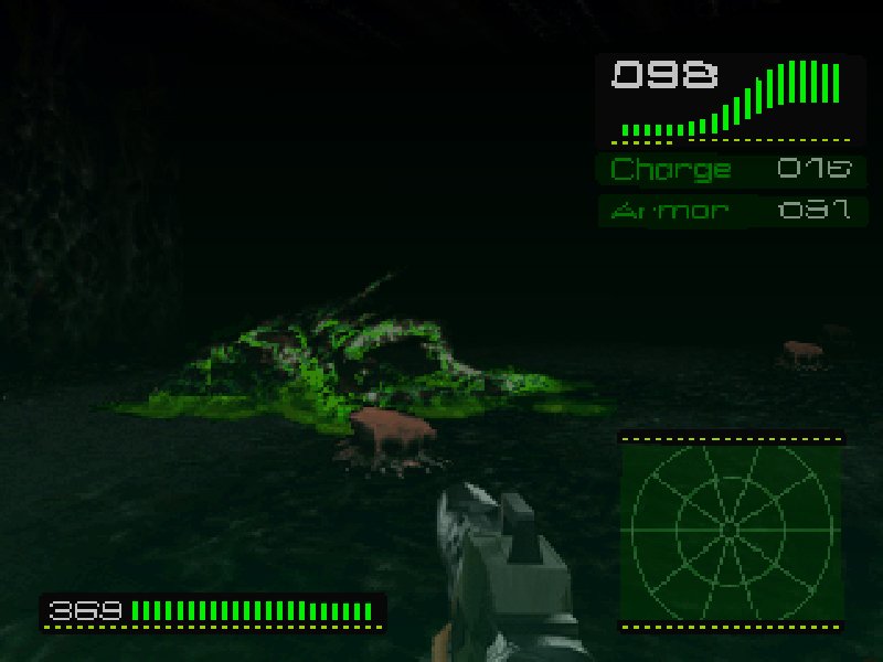 At the end of the Hadley's hope act, you go into the full Hive and battle a queen. The fight is actually pretty easy but there are some cool effects like the green fog as well as a full polygonal egg sack.I love how big the Queen guts sprite is.