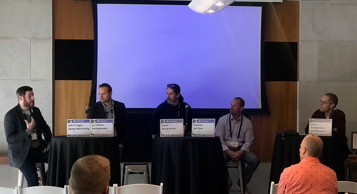SecureWorld's tweet photo. Thank you to our panelists on #CloudSecurity today at SecureWorld Denver: James McCarthy of @AlertLogic, Jeff Frier of @Bitglass, Jay Wilson of @Healthgrades, @gdead of @Expel_io, and @smasiello of @GatesIndustrial. #SWDEN19 https://t.co/I2W5NY8aC0