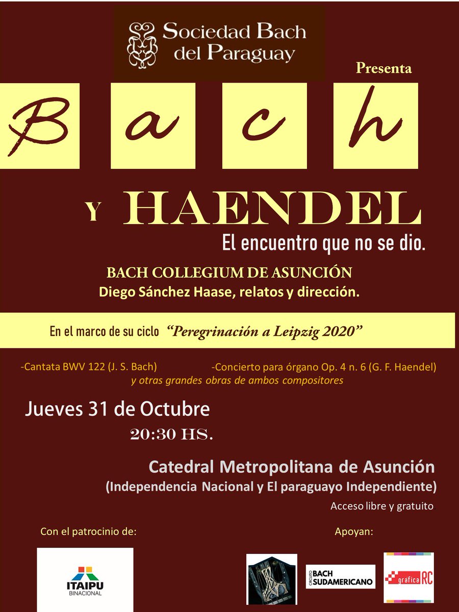 dshaase's tweet photo. Bach y Haendel nacieron el mismo año, a pocos días y pocos kilómetros de distancia. Pero, aparentemente nunca se conocieron personalmente. Por eso, "El encuentro que no se dio", se concretará en la Catedral de Asunción, el jueves 31 de octubre, a las 20:30 hs.. Acceso gratuíto!. https://t.co/E5c6lqxSjm