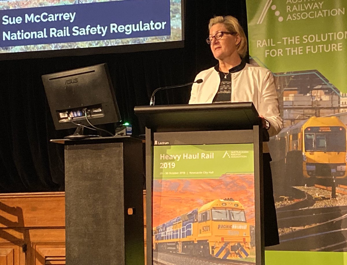 AustRail's tweet photo. Sue McCarrey, Chief Executive of the Office of the National Rail Safety Regulator (ONRSR) begins day two of the Heavy Haul Rail Conference in Newcastle.
Sue outlines the role of ONRSR, and how this is evolving with new technologies for our delegates. #HHRAIL #AustRail https://t.co/q8wgAzhLai