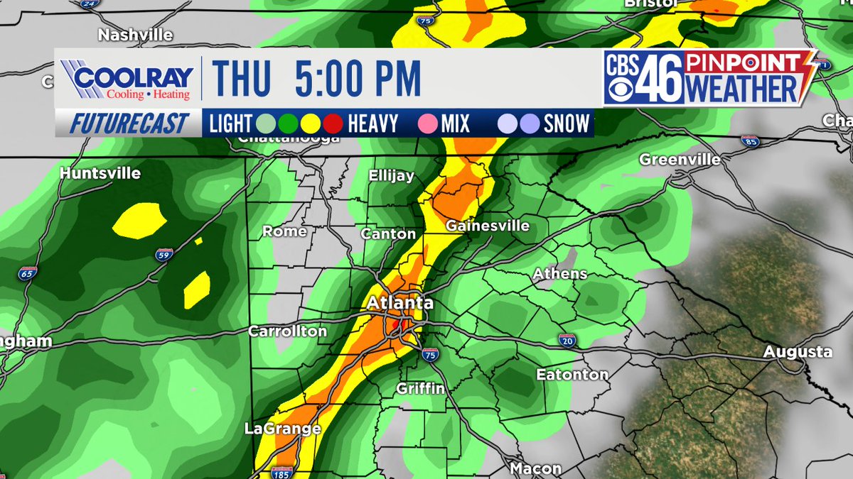 JenValdezTV's tweet photo. TRICK OR TREAT FORECAST: Here is a look at 5pm Thursday - the heaviest rain is expected to be over Metro Atlanta at this time. The heaviest rain will move east by 7PM with windy & colder conditions moving in. @CBS46 #WetHalloween #WetCandy https://t.co/7cchIgBCqd