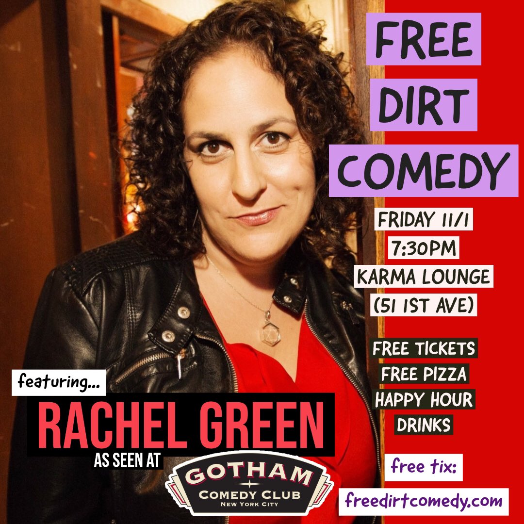 Quintuple-threat and host of the @venusflytrappod @The1RachelGreen is kicking it w/ #FreeDirtComedy THIS #FRIDAYNIGHT along w/ #FREEPIZZA and #HappyHour all show long! Don’t miss her! Grab FREE TIX at freedirtcomedy.com! #Comedy #standupcomedy #thingstodoinnyc #eastvillage