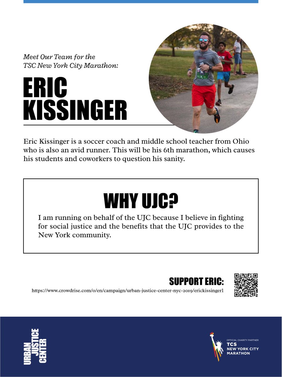 UrbanJustice's tweet photo. Watching the @nycmarathon on Sunday? Root for #TeamUJC! For the 2nd year in a row, we have a fantastic squad of runners. All week, we'll be introducing them one by one. First up, Erik, a soccer coach & middle school teacher who fights for social justice! #TCSNYCMarathon https://t.co/niTU0IEnrg