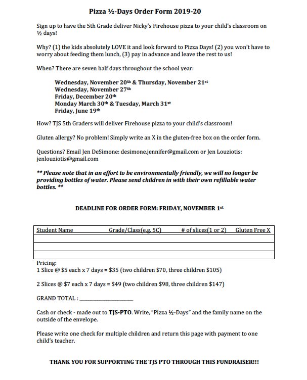 TJSPTO's tweet image. 1/2 Day Pizza Days - Fri, Nov 1 Deadline - mailchi.mp/73c6537510c4/h…