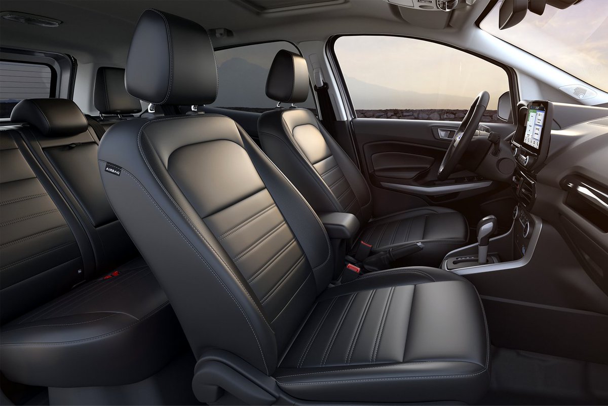 Available leather-trimmed seats are just one of the first-class perks that are offered in the new Ford EcoSport.