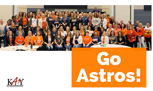 Earlier today, Katy ISD district leadership and campus principals met for their monthly meeting to update and inform staff.  All of the leaders were decked out in their Astros gear to root for the home team! Go Astros! Katy ISD is cheering you on tonight! #KatyISD #TakeItBack