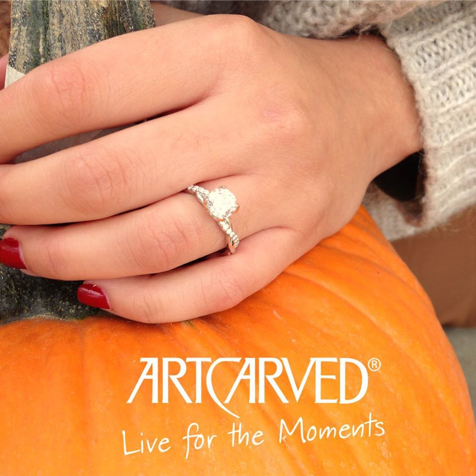 Creeping it real and giving ya'll pumpkin to talk about with this beauty. #Autumn #engagement #halloween #pumpkinpicking #Love #Twistedshank #diamondaccents #artcarvedbridal #VerasFineJewelers