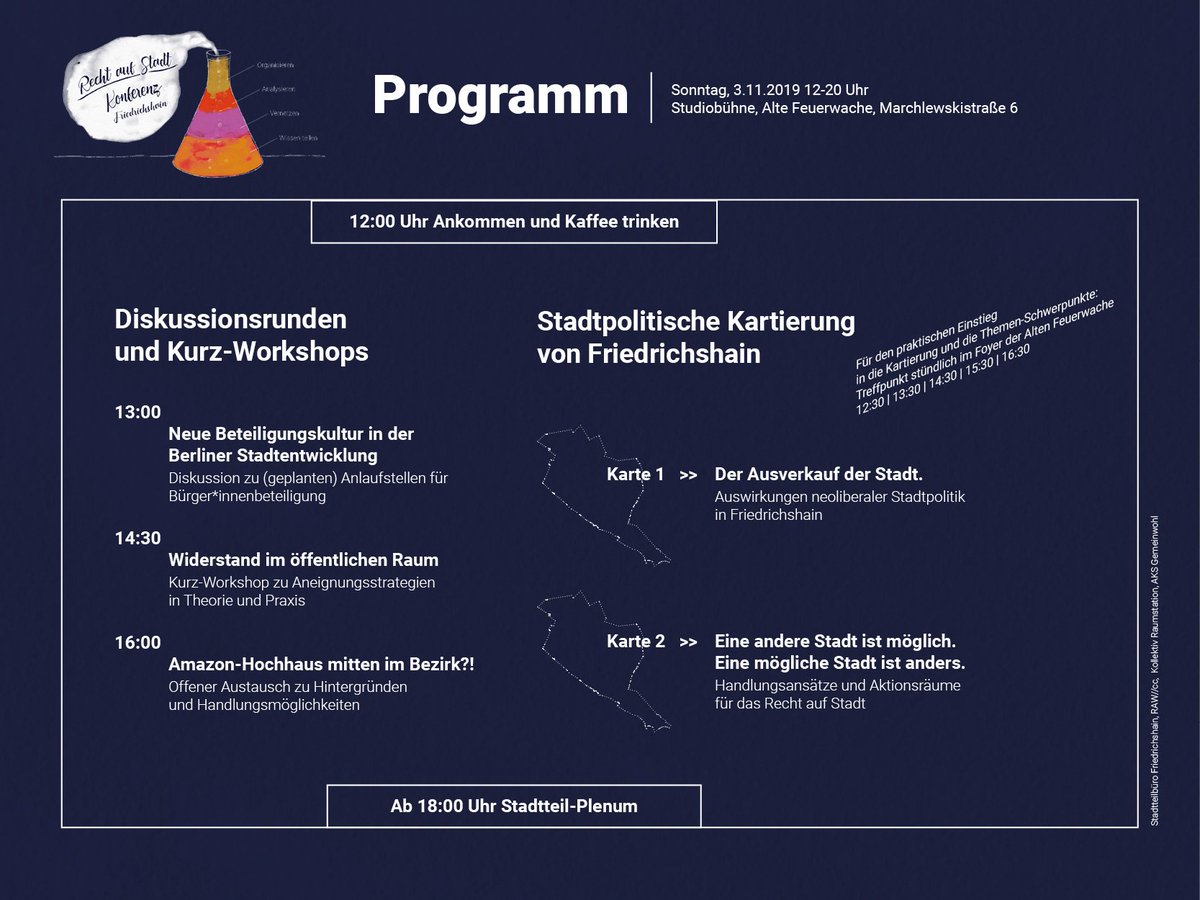 "Recht auf Stadt" #Friedrichshain-Konferenz 

Sonntag 3.11. 12.00-20.00 Uhr
Studiobühne Alten Feuerwache (U5 Webwerwiese)

Programm:
gemeinwohl.berlin/konfi
facebook.com/events/4313932…

von Kollektiv Raumstation, Stadtteilbüro Fhain, RAW//cc, AKS Gemeinwohl