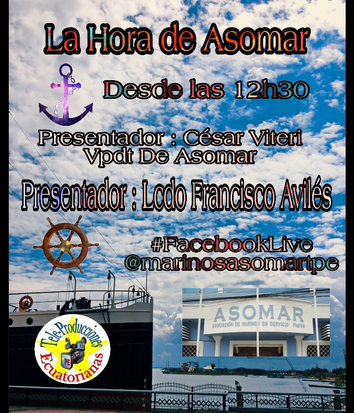 TPEecuador's tweet photo. La Hora de #Asomar
desde las 12h30
Presentador Lcdo Francisco Avilés
Presentador César Víteri
Vpdt de Asomar.
#FacebookLive @marinosasomartpe
#TeleproduccionesEcuatorianas 🇪🇨 https://t.co/9HNQmhlfgq