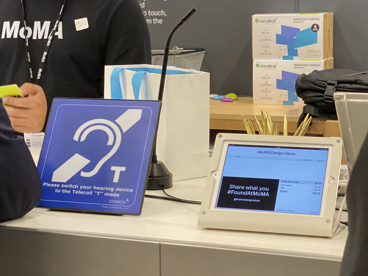 mak_en's tweet photo. Telecoil sign on the casher desk in MoMA Design Store. It reads “Please switch your hearing device to the Telecoil “T” mode.”
#a11yLIB #USA #NYC #MoMA #telecoil #deaf https://t.co/u4Po9RwXs3
