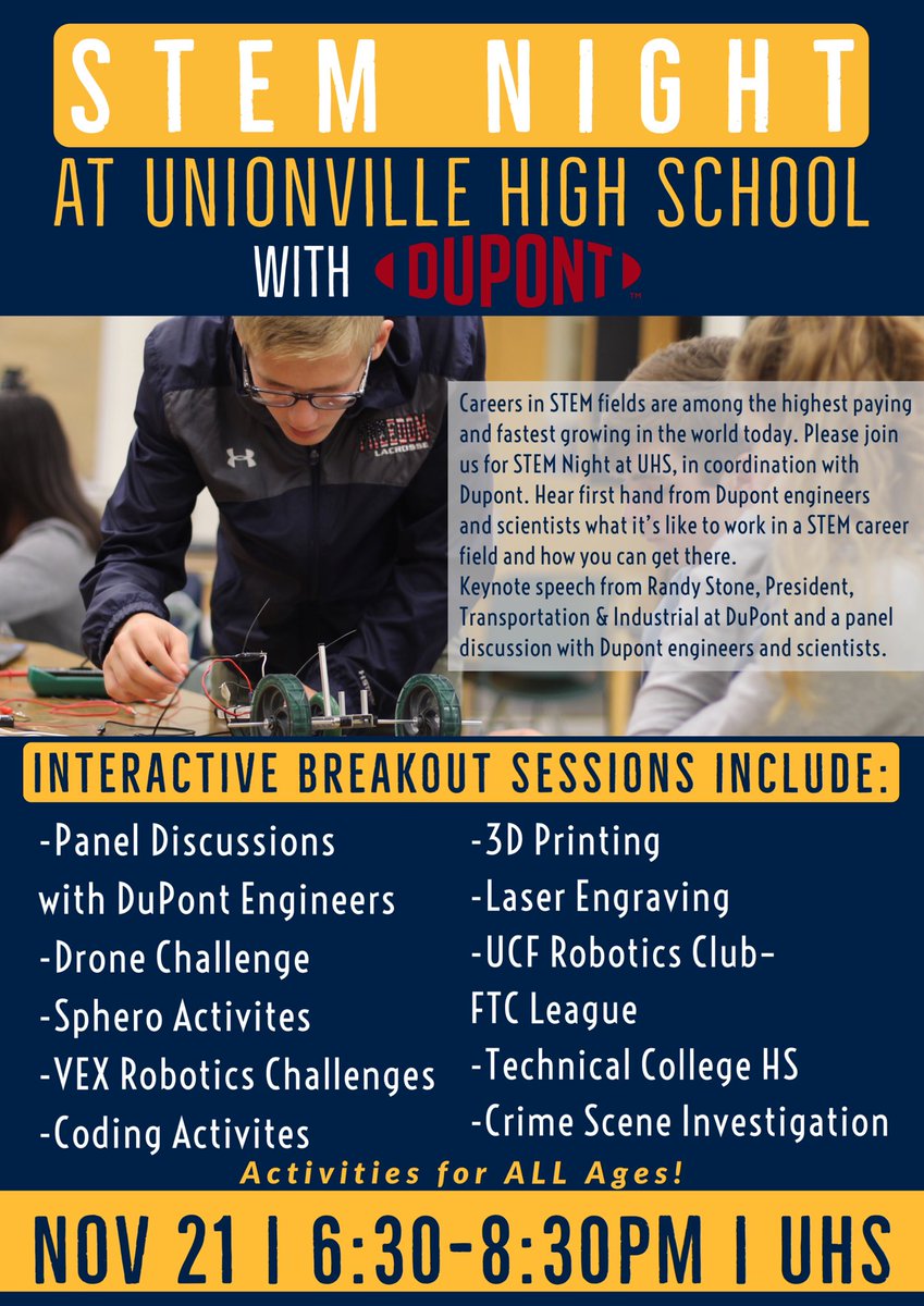 UHSTech_Eng's tweet photo. Come join us on November 21st from 6:30-8:30pm for STEM Night at UHS with DuPont! Explore STEM careers with panel discussions and hands on activities! #STEM #engineer ⁦@MrConleyUHS⁩ ⁦@JohnSanville⁩ ⁦@UCFCurriculum⁩ ⁦@UCFSD⁩ https://t.co/mXOpaWSnv1