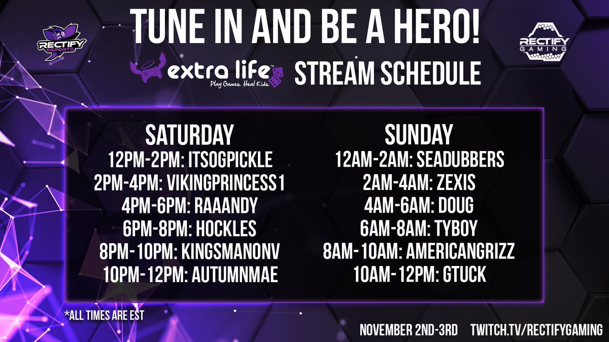 RectifyEsports's tweet image. We are excited to announce that this weekend we will be participating in the @ExtraLife4Kids Game Day! 

We will be live for 24 hours straight with out great @Twitch Stream Team! 

Our goal is to reach a total of $6,000 raised: extra-life.org/index.cfm?fuse…

Stay tuned for updates.